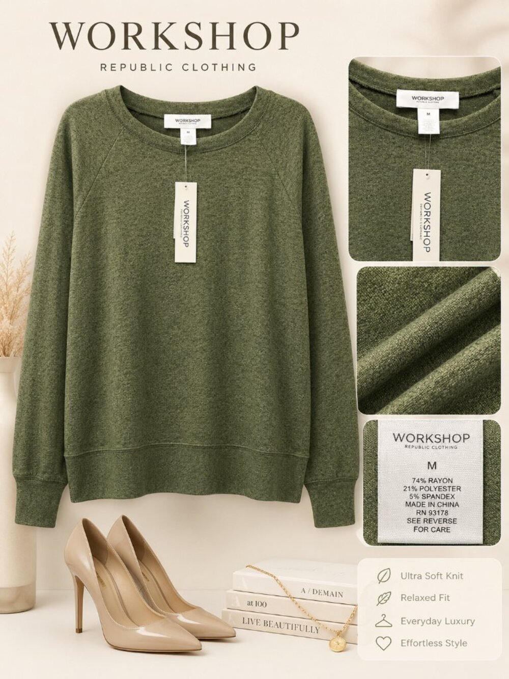 Workshop by Republic Clothing Long Sleeve Casual Green Top NWT - Picture 5 of 6